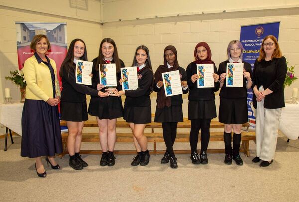 Student Enterprise Programme recipients pictured with school principal Sally Ronayne, and Rebecca Walsh. Photo: John Power