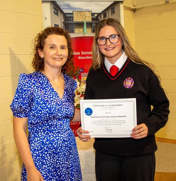 Microsoft Dream Space Platinum Level Award pictured accepting the award is TY student Aoife Walsh and TY Coordinator Katherine O’Sullivan. Photo: John Power