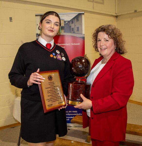 The Lions Club Young Ambassador Award recipient Lily McCarthy pictured with year head Trish Byrne. Photo: John Power