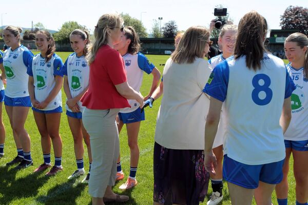 LGFA President Trina Murray and Munster LGFA President Lorraine Royle meet the Waterford players before the game.