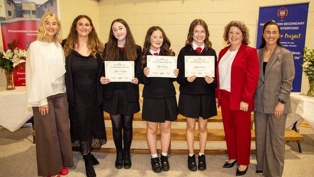 <p>Recipients of the TY Student of the Year award are pictured with Jacqui Watson (TY tutor), Erica Brennan (TY tutor), Aoibheann Ryan (TY tutor) and year head Trish Byrne. Photo: John Power</p>