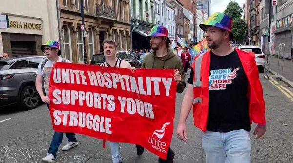 Unite Hospitality branch members showing solidarity at Belfast Pride, 2025.