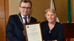 <p>Mayor of Waterford City and County, Cllr Seamus Ryan, presenting the scroll to Sr. Coirle McCarthy, Mercy Sister, on the occasion of a Mayoral Reception held for the Sisters of Mercy at City Hall.</p> <p>Mayor of Waterford City and County, Cllr Seamus Ryan, presenting the scroll to Sr. Coirle McCarthy, Mercy Sister, on the occasion of a Mayoral Reception held for the Sisters of Mercy at City Hall.</p>