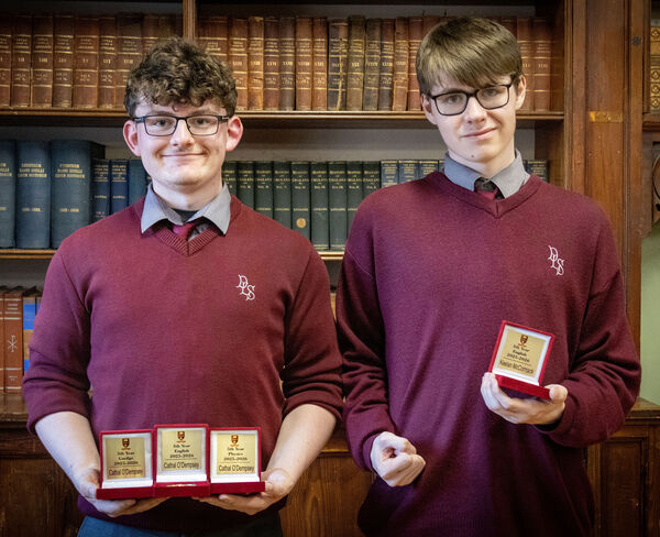 Cathal O'Dempsey, with awards for 5th Year Gaeilge, 5th Year English and 5th Year Physics, and Keelan McCormack, awarded for 5th Year English. Cathal O'Dempsey, with awards for 5th Year Gaeilge, 5th Year English and 5th Year Physics, and Keelan McCormack, awarded for 5th Year English.