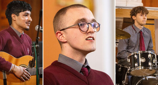 Surya Immanni performed a surprise piece for his family, (left), Fed Kennedy, who performed Make Them Hear You, (centre), and Jenson Hall, who with Dara, Luke and Rajiv, performed Under the Bridge, (right), at the De La Salle College, Summer Concert. Surya Immanni performed a surprise piece for his family, (left), Fed Kennedy, who performed Make Them Hear You, (centre), and Jenson Hall, who with Dara, Luke and Rajiv, performed Under the Bridge, (right), at the De La Salle College, Summer Concert.