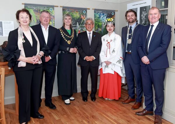 His Excellency, Ambassador Miyagawa, Japan’s Ambassador to Ireland, Metropolitan Mayor of Waterford, Councillor Adam Wyse are pictured with Agnes Aylward, Chairperson and founder of the gardens, Bernard Pollard, Chief Financial Officer of WCCC, Séan McKeown, Chief Executive of WCCC, Éadaoin Carrick, President, Waterford Chamber and Kaai Onozaki at the opening of the ‘Kokoro’ Heritage Centre and Café at the Lafcadio Hearn Japanese Gardens. Pic: Noel Browne His Excellency, Ambassador Miyagawa, Japan’s Ambassador to Ireland, Metropolitan Mayor of Waterford, Councillor Adam Wyse are pictured with Agnes Aylward, Chairperson and founder of the gardens, Bernard Pollard, Chief Financial Officer of WCCC, Séan McKeown, Chief Executive of WCCC, Éadaoin Carrick, President, Waterford Chamber and Kaai Onozaki at the opening of the ‘Kokoro’ Heritage Centre and Café at the Lafcadio Hearn Japanese Gardens. Pic: Noel Browne