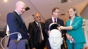 <p>Pictured at the announcement were: Dr. Diarmuid O'Brien, CEO Research Ireland; Prof. Abhay Pandit, Rinn Medical Devices Director; Minister for Further and Higher Education, Research, Innovation and Science, James Lawless TD; and Prof. Ellen Roche, Rinn Medical Devices. Photo: Jason Clarke.</p> <p>Pictured at the announcement were: Dr. Diarmuid O'Brien, CEO Research Ireland; Prof. Abhay Pandit, Rinn Medical Devices Director; Minister for Further and Higher Education, Research, Innovation and Science, James Lawless TD; and Prof. Ellen Roche, Rinn Medical Devices. Photo: Jason Clarke.</p>