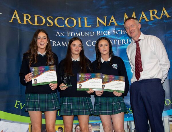 LGFA Player of The Year included Aoife O'Gorman, Lilly Keane and Saoirse Daly. Overall winner was Lilly Keane. Presenting was Mr. Cahill, Deputy Principal. Photo; John Power