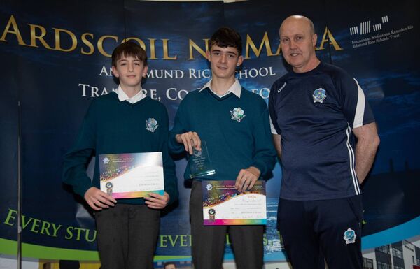 YPOY in GYM. Nominated were Sean Findler, Kian Flynn and Janes Boland. Kian Flynn was selected. Included is Mr. Cleary. Photo: John Power YPOY in GYM. Nominated were Sean Findler, Kian Flynn and Janes Boland. Kian Flynn was selected. Included is Mr. Cleary. Photo: John Power