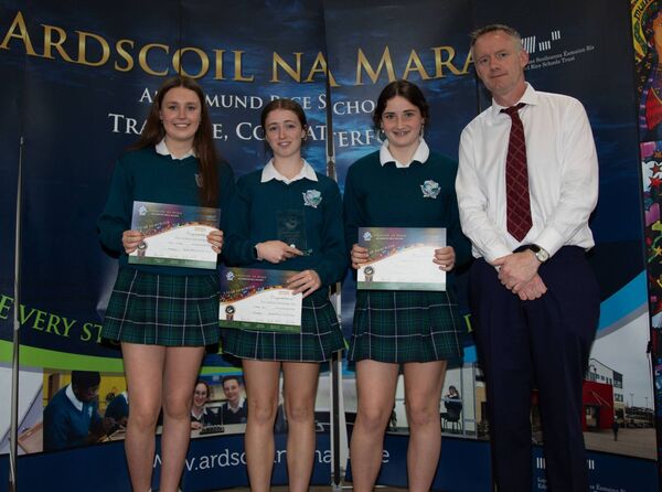 Jun. POY Nominations Leanne Buck, Katie Kenny and Ruth O'Leary. Leanne Buck was the winner. Presenting was MR. Cahill, Deputy Principal. Photo: John Power Jun. POY Nominations Leanne Buck, Katie Kenny and Ruth O'Leary. Leanne Buck was the winner. Presenting was MR. Cahill, Deputy Principal. Photo: John Power