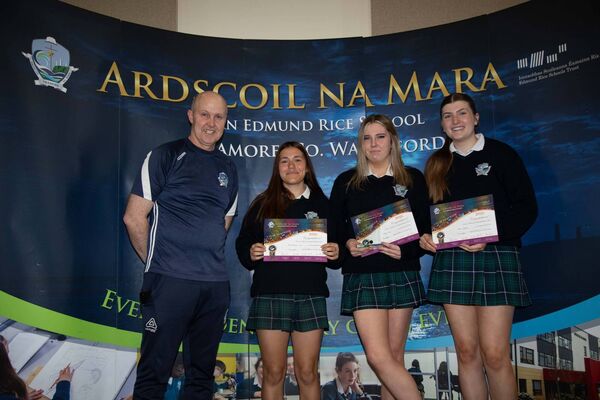 Senior POY Volleyball were Naia Viniegra Oca, Niamh Kelly and Aine Cashman. Overall SPOY was Niamh Kelly. Included is Mr. Cleary. Photo: John Power Senior POY Volleyball were Naia Viniegra Oca, Niamh Kelly and Aine Cashman. Overall SPOY was Niamh Kelly. Included is Mr. Cleary. Photo: John Power