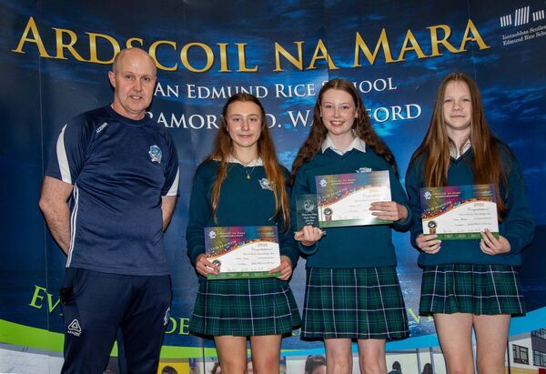 Ardscoil Volleyball Jnr. POY nominees were Sophie Furman, Clodagh Rellis and Sonina Kondruk. Overall winner was Clodagh Rellis. Included is Mr. Cleary. Photo: John Power Ardscoil Volleyball Jnr. POY nominees were Sophie Furman, Clodagh Rellis and Sonina Kondruk. Overall winner was Clodagh Rellis. Included is Mr. Cleary. Photo: John Power