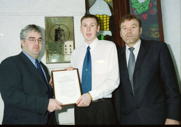 Pictured at the Tower Hotel, from left, Paul McDade, Manager, Tower Hotel, presenting the CERT Trainee of the Year Award to John Holden, Barman at the Tower Hotel, and Tom Doran, Bar Manager back in 2000. Pictured at the Tower Hotel, from left, Paul McDade, Manager, Tower Hotel, presenting the CERT Trainee of the Year Award to John Holden, Barman at the Tower Hotel, and Tom Doran, Bar Manager back in 2000.