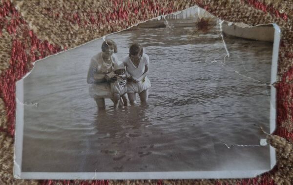 My father Tommy Kavanagh having his first dip at Woodstown in 1933 with his mother Eily Kavanagh (nee Troy) on the right and his nurse maid on the left.
