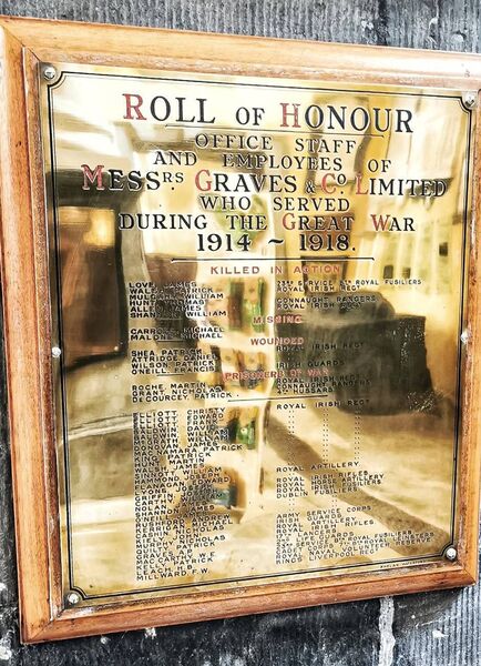 Memorial at Christchurch Cathedral, Waterford, honouring the staff and employees of Graves &amp; Co., who served in the Great War 1914-1918. Photo: Brendan Grogan