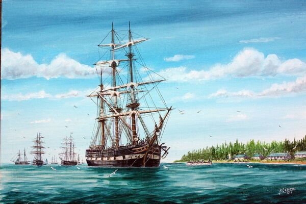 This painting is from ‘Sailing Ships of Wexford 1840s – 1940s’ by Brian Cleare and the late Jack O’Leary. The painting depicts Dunbrody at anchor at Grosse Île – an island located in the St Lawrence River in Québec in c. 1860. Grosse Île was once the main immigration gateway to Canada and served as a quarantine station for the port of Québec from 1832 to 1937. Painting by kind permission of Brian Cleare
                    