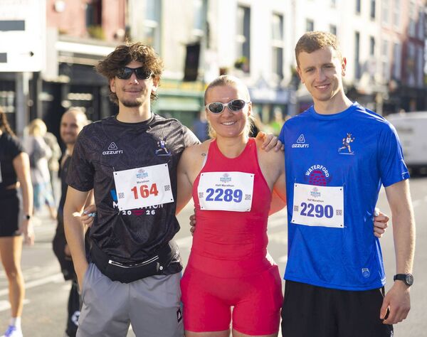Pictured at the WLR Waterford Viking Marathon 2026 are Pedro Materano, Katie Sweeney and Adam McKenna. Pictured at the WLR Waterford Viking Marathon 2026 are Pedro Materano, Katie Sweeney and Adam McKenna.