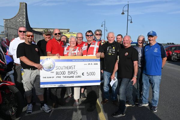 Organisers of the Tramore Bike Gathering present a cheque for €5,000 to Volunteers from Blood Bikes South East on the Tramore Promenade. They also presented a cheque for €500 to the local Order Of Malta thanking them for their first aid support. Photo:Tina Schley