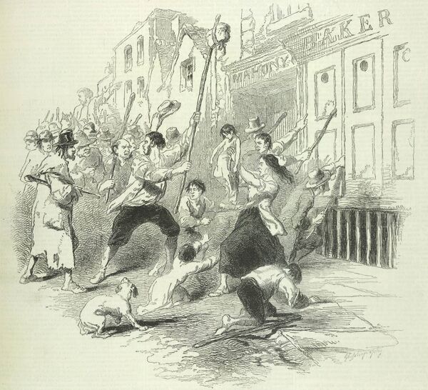 A food riot in Dungarvan, Co. Waterford, during the Famine, from The Pictorial Times of London, 10th October 1846. This illustration conveys the desperation and anger of the people at a time when Fr. Halley, as Chairperson of the Dungarvan Relief Committee, was tasked with keeping them alive. Photo: Waterford County Museum