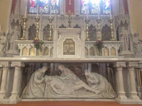 On the front of the altar at St. Mary’s, Dungarvan, is a fine piece of white Carrara marble statuary titled “Pietà,” carved by noted sculptor John Scannell of Union Quay, Cork. The work was commissioned and closely supervised by Dr. Halley, who made frequent trips to the sculptor’s Cork workshop. It almost never made it to Dungarvan — the cart carrying the artwork nearly collapsed through the old wooden bridge at Youghal. It was only extricated with great difficulty before continuing on to be erected as the centrepiece of St. Mary’s altar in 1861. Photo: Willie Whelan