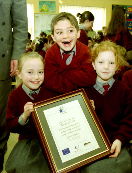 Claire Nolan, James Murphy and Siobhan Murphy, First Class Pupils at Portlaw NS, pictured with the certificate, which was awarded to their school in recognition of it becoming a Green School back in 2000. Claire Nolan, James Murphy and Siobhan Murphy, First Class Pupils at Portlaw NS, pictured with the certificate, which was awarded to their school in recognition of it becoming a Green School back in 2000.