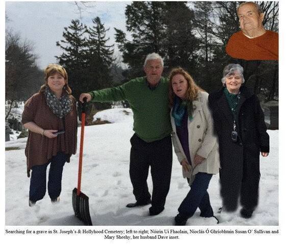 Searching for a grave in St Joseph's and Hollyhood Cemetery, left to right, Noirin Ui Fhaolain, Nioclas Ó Ghriobhtain, Susan O'Sullivan and Mary Sheehy (her husband Dave inset). 