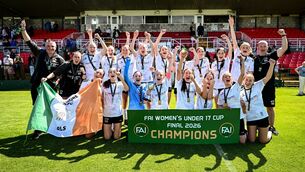 <p>Tramore players and staff celebrate with the cup after the FAI Women's U17 Cup final against Carrigaline United. Photo: Sportsfile/Ben McShane</p>