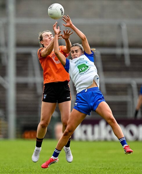 Waterford's Kellyann Hogan of Waterford in action against Catherine Marley of Armagh.