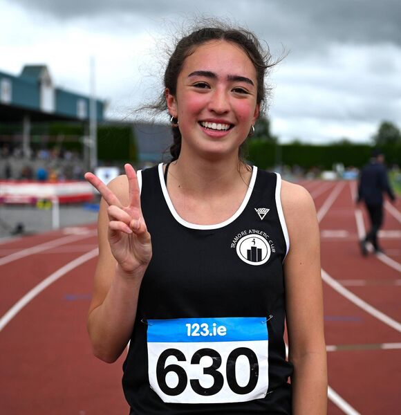 Arwen Mulligan of Tramore A.C., Waterford wins the U17 girls 400m during day one of the 123.ie National Juvenile Track and Field Championships at Tullamore Harriers Athletics Club in Tullamore. Photo: Sportsfile/Paul Phelan