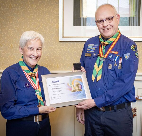 Bernie Rogers presented with her 40 year service award by Brian Fanning. Photo: Joe Evans