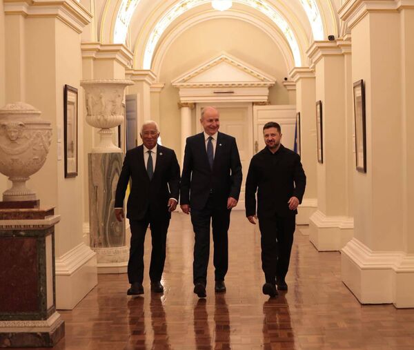 President of the European Council António Costa, Taoiseach Michael Martin and Ukraine president Volodymyr Zelensky today