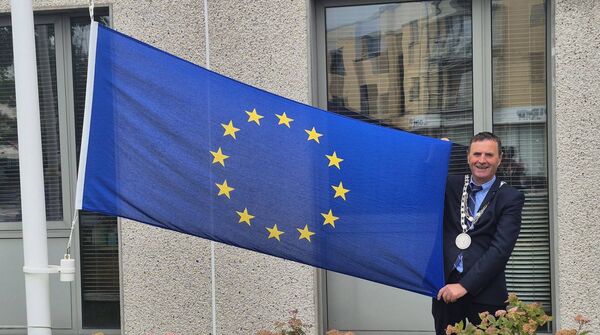 Mayor of Waterford City and County, Cllr. Liam Brazil raising European Flag to mark Ireland's Presidency of the Council of the EU at Civic Offices, Dungarvan, Co. Waterford