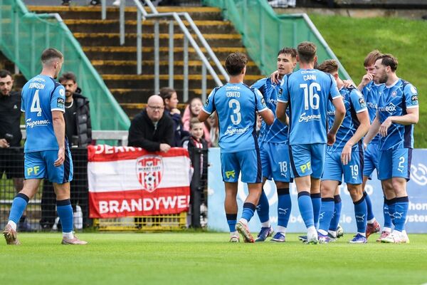 Waterford's Tommy Lonergan celebrates with teammates after scoring a goal. Waterford's Tommy Lonergan celebrates with teammates after scoring a goal.