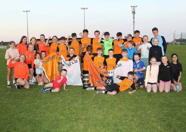 Southend team celebrate their WSFL Johnny Barnes U13A cup success against Villa played at Graun Park. Photos: Noel Browne Southend team celebrate their WSFL Johnny Barnes U13A cup success against Villa played at Graun Park. Photos: Noel Browne