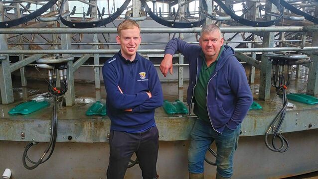 <p>Father and son farmers John and Steven Whelan on their dairy farm in Co. Wexford </p>