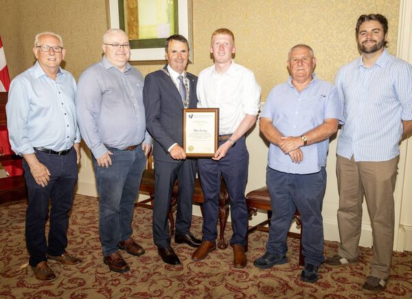 Pictured at City Hall for a Mayoral Reception by Mayor of Waterford Cllr Liam Brazil for Adam Sweeney, in recognition of his outstanding achievement in becoming Ireland's youngest person to reach the summit of Mount Everest, the World's highest mountain, also included are Cllrs. Joe Kelly, Jim Darcy, Pat Fitzgerald and Adam Wyse. 	Photos: Joe Evans