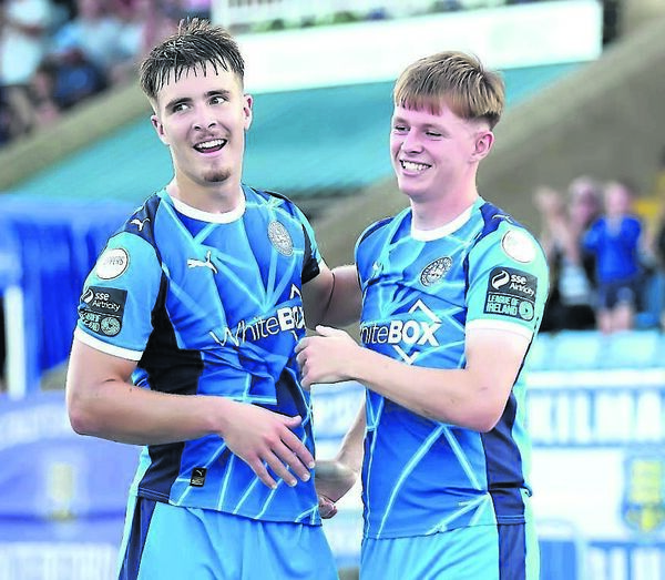 Waterford FC’s Conan Noonan celebrates his goal with teammate Tommy Lonergan. Photo: Noel Browne