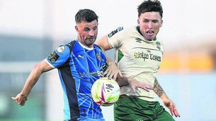 <p class="contextmenu internal_Caption">Waterford FC’s Padraig Amond controls this ball ahead of St. Patrick’s Athletic’s Joe Redmond during their SSE Airtricity Men’s Premier Division clash played at the RSC on Friday last. Photo: INPHO/Stephen Heaney</p>