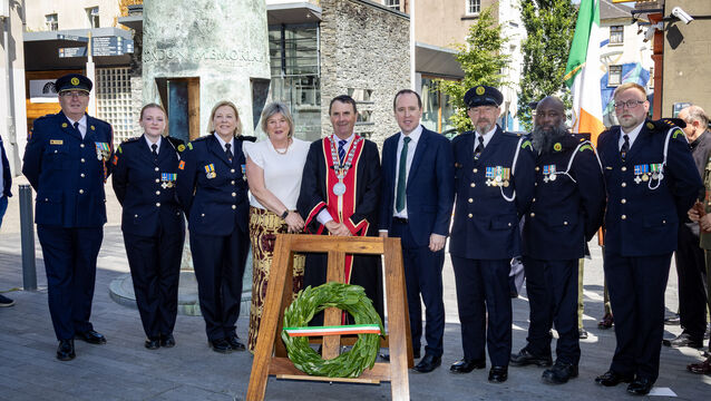 <p> Minister Mary Butler, Mayor of Waterford City &amp; County Cllr Liam Brazil and Minister John Cummins with members of the Civil Defence at the Waterford National Day 0f Commemoration. Photo: Joe Evans</p>