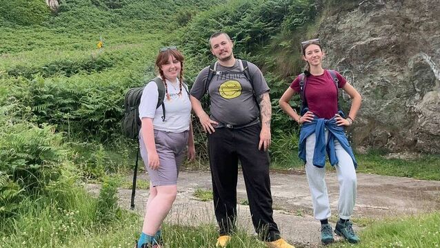 <p>Katy Fitzgerald, Kyle O'Toole and Kateryna Trehub who completed the Camino pictured on the Howth Cliff Top walk. Pic. SETU.ie</p>