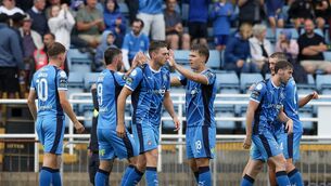 <p>Waterford FC's Tommy Lonergan is congratulated by team mates after scoring the winner against Shelbourne. Photo: INPH0</p> <p>Waterford FC's Tommy Lonergan is congratulated by team mates after scoring the winner against Shelbourne. Photo: INPH0</p>
