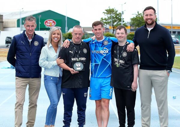 The Waterford FC In The Community Man of the Match was Evan McLoughlin and he is pictured receiving his award from Waterford FC Futsal players, John Flynn and John Mulligan, also included were Colin Power, Head of Community Development, Waterford FC ,Sandra Myler, Waterford FC secretary and Richie Walsh, General Manager, Waterford FC. The Waterford FC In The Community Man of the Match was Evan McLoughlin and he is pictured receiving his award from Waterford FC Futsal players, John Flynn and John Mulligan, also included were Colin Power, Head of Community Development, Waterford FC ,Sandra Myler, Waterford FC secretary and Richie Walsh, General Manager, Waterford FC.