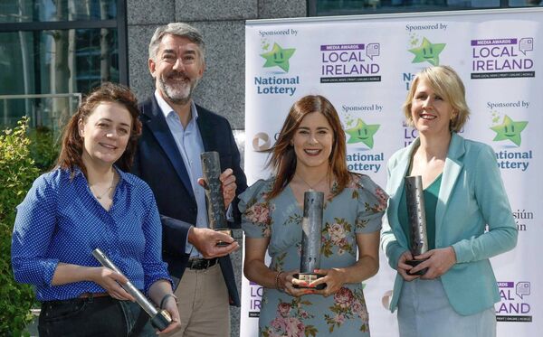 From left to right: Dawn Wheatley, Seán Mahon, Sarah Orr of the National Lottery and Elizabeth Farrelly of Coimisiún na Meán at the launch of the 2026 Local Ireland Media Awards. 