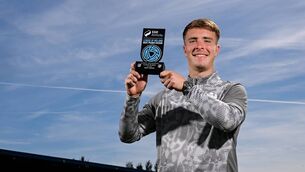 <p>Tommy Lonergan poses with his SSE Airtricity Men's Premier Division Player of the Month July at the RSC in Waterford. Photo by Stephen McCarthy/Sportsfile  </p>