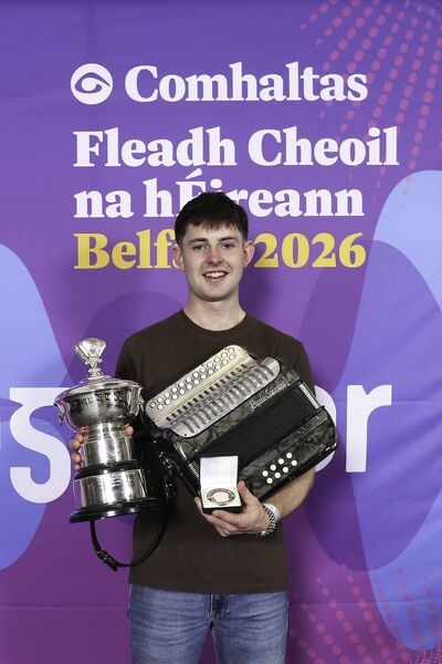 Joseph Mannion of CCÉ Craobh na gComarach, Port Láirge, 1st place All Ireland Winner of the De Mangan Memorial Trophy for Button Accordion (over 18 years) at the 2026 Comhaltas Ceoltóirí Éireann All Ireland Fleadh Cheoil in Belfast. Photo: Anna Allen Photography Mullingar