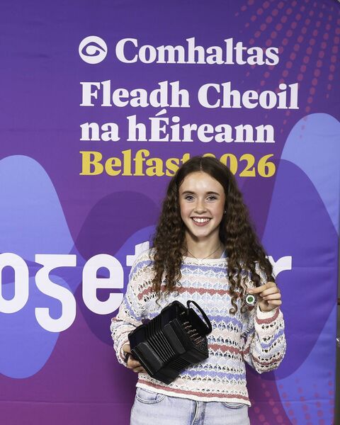 Mary Ní Dheagh of CCÉ Craobh na gComarach, Port Láirge, 3rd place All Ireland Winner for the Concertina (15-18 years) at the 2026 Comhaltas Ceoltóirí Éireann All Ireland Fleadh Cheoil in Belfast. Photo: Anna Allen Photography Mullingar