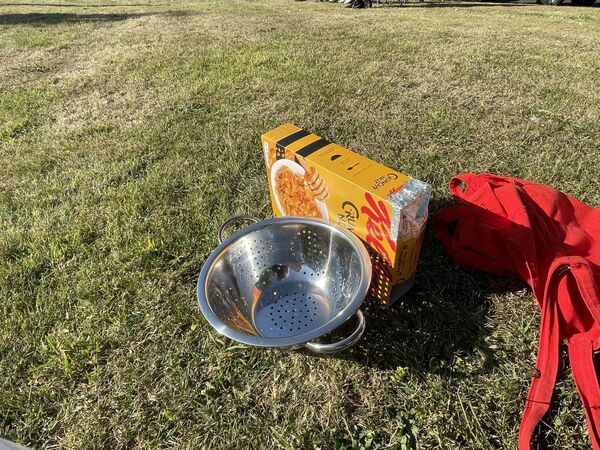 Making do with a colander and cereal box. Making do with a colander and cereal box.