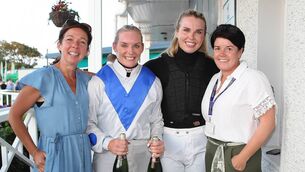 <p>It was jockey Maxine O'Sullivan's last ever race at Tramore on Thursday night and she is pictured with fellow jockey Aine O'Connor, Jennifer Pugh and Jennifer Walsh. Photos: Noel Browne</p>