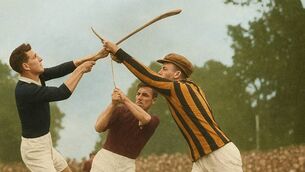 <p>Locky Byrne in action for Kilkenny against Galway goalkeeper Tommy O'Meara in the 1935 All-Ireland Senior Hurling Championship Semi-Final.</p> <p>Locky Byrne in action for Kilkenny against Galway goalkeeper Tommy O'Meara in the 1935 All-Ireland Senior Hurling Championship Semi-Final.</p>