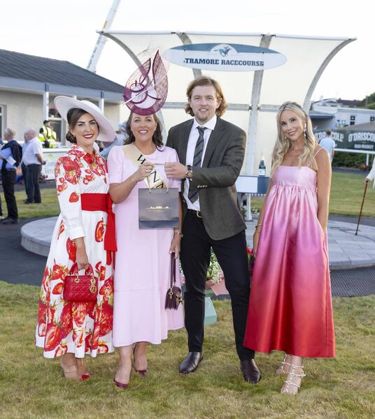 Pictured at Tramore Style Evening is the Most Stylish winner Valerie McDonagh, wearing a headpiece that was the crowning glory and is by Millinery by Mel, her light pink dress from Coast, her burgundy Coach bag and burgundy Toni Bianco shoes. Pictured are from left, Judge Louisa Murphy, Most Stylish winner Valerie McDonagh from Tramore, Co. Waterford, Finn Walsh from Waterford Castle who were the event sponsor and Shona Lyons from BEAT who was the event MC.